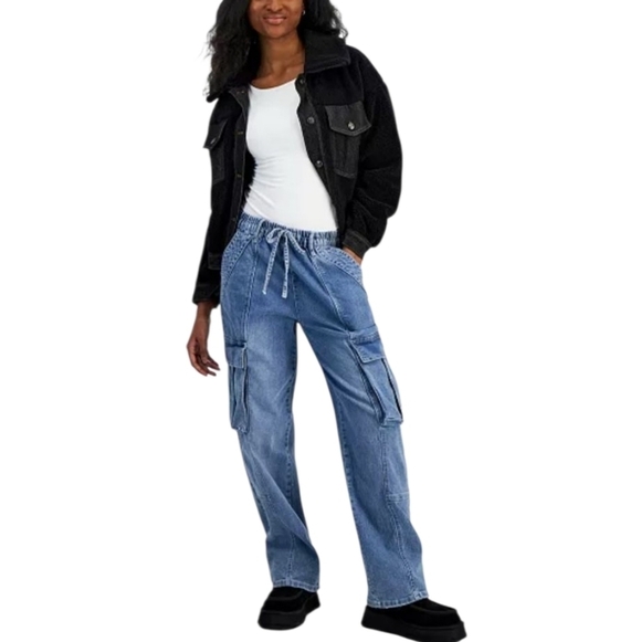 Madden Girl Denim - Madden NYC Wide Leg Cargo Drawstring Waist Skater Jeans Size XL